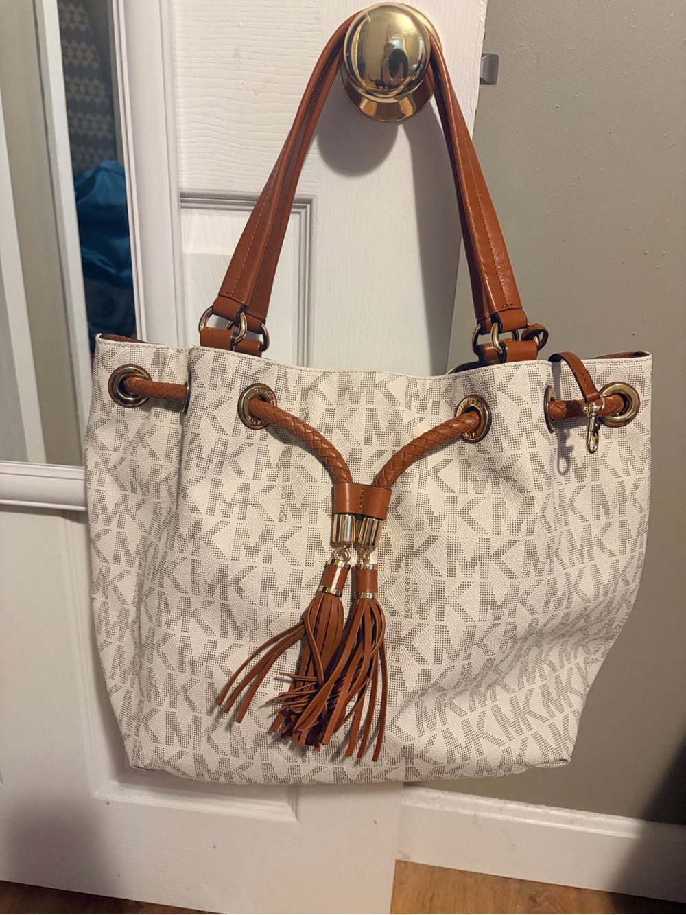 Michael Kors Cream & Tan MK Logo Tassel Drawstring Tote